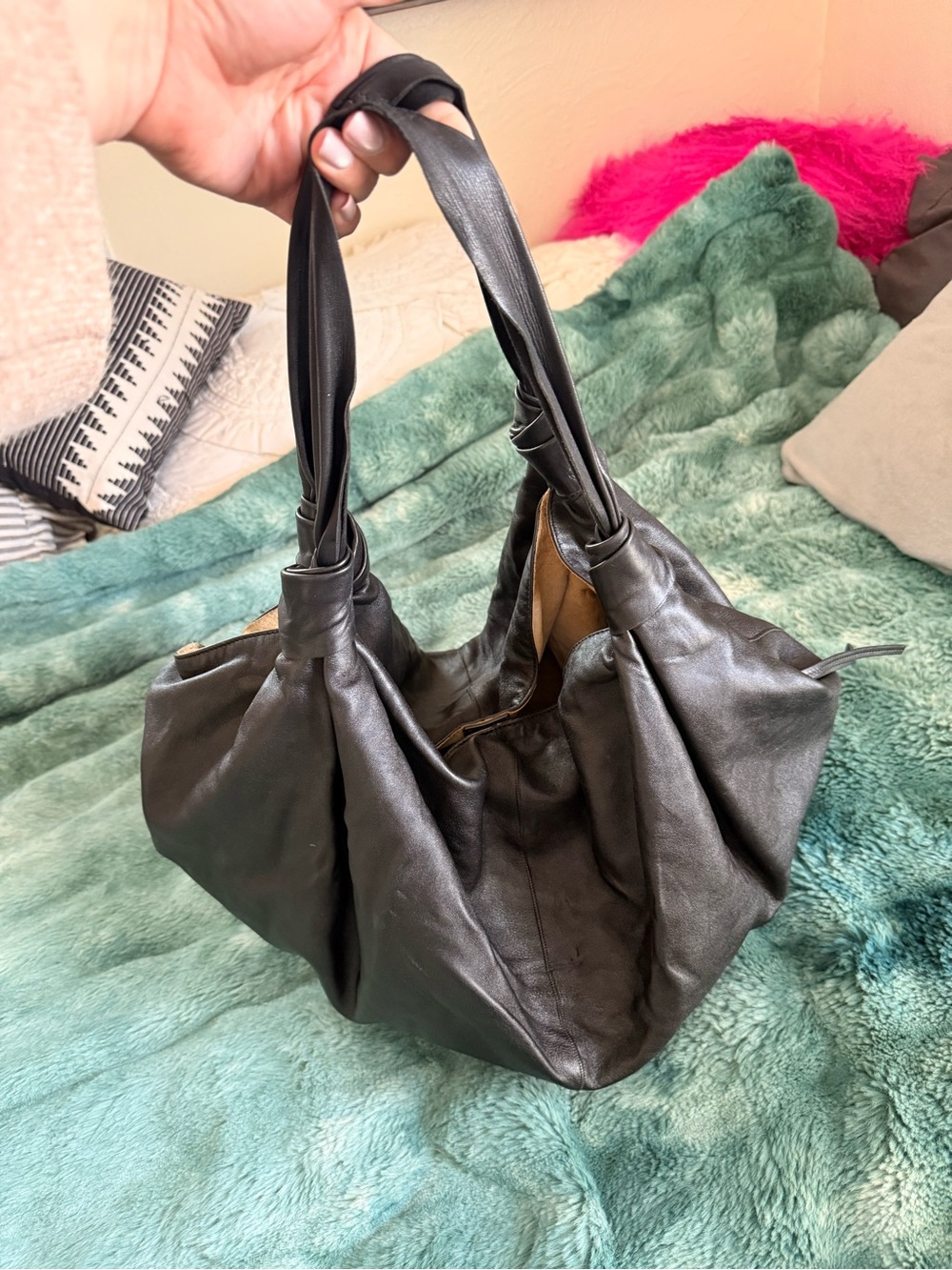 The Row Large Black Leather Ascot Hobo Shoulder Bag